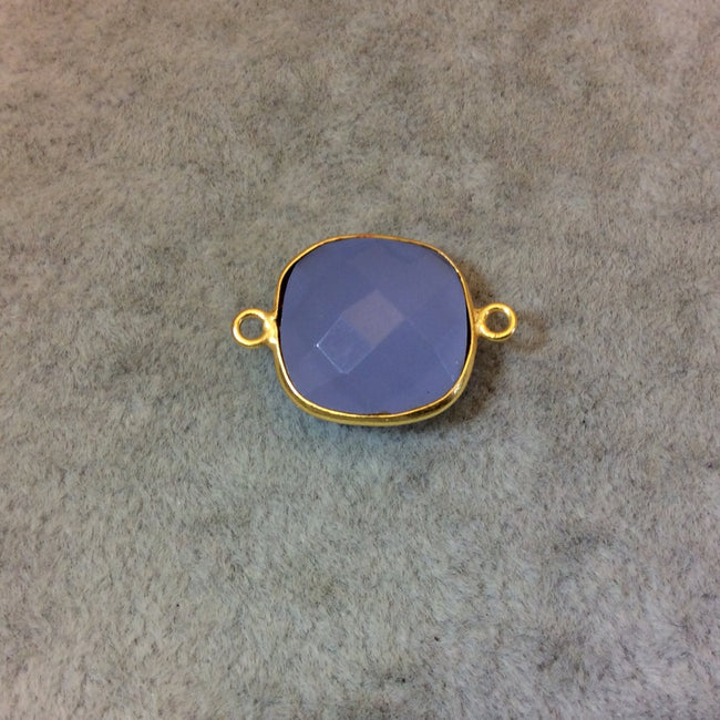 Gold Finish Faceted Semi-Transparent Pale Blue Chalcedony Square Shaped Bezel Connector - Measuring 15mm x 15mm - Natural Gemstone