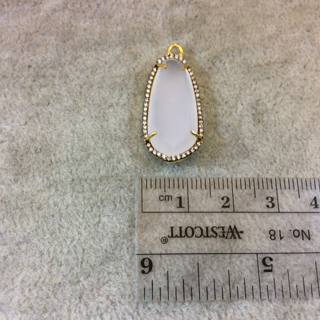 Gold Finish CZ Cubic Zirconia Rimmed Faceted Natural White Agate Long Oval Shaped Bezel Pendant - Measures 13mm x 21mm