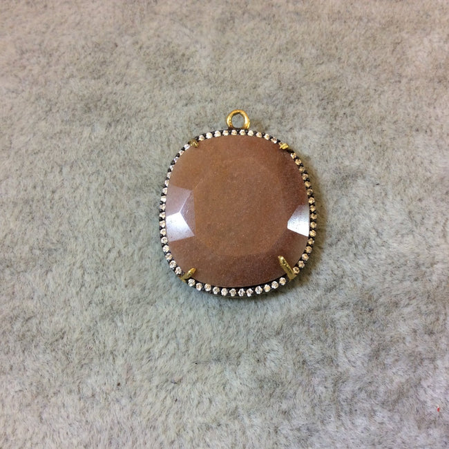 Gold Finish CZ Cubic Zirconia Rimmed Faceted Peach Moonstone Fat Oval Shaped Bezel Pendant - Measures 22.5mm x 24mm - Sold Individually