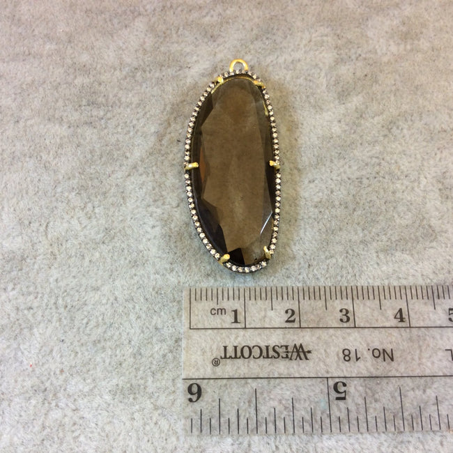 Gold Plated CZ Cubic Zirconia Rimmed Faceted Hydro (Lab Created) Smoky Quartz Freeform Oval Shaped Bezel Pendant - Measures 42mm x 19mm