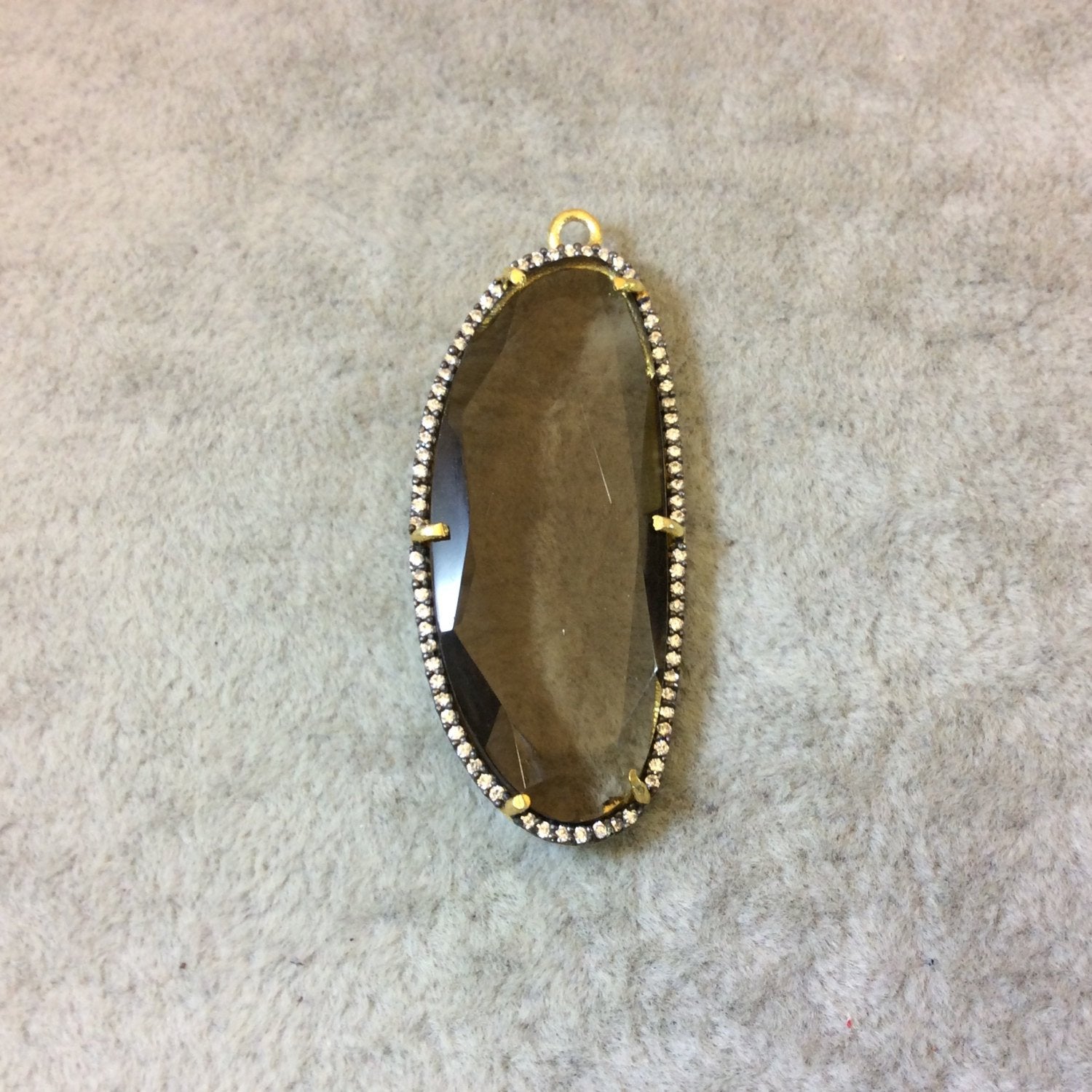 Gold Plated CZ Cubic Zirconia Rimmed Faceted Hydro (Lab Created) Smoky Quartz Freeform Oval Shaped Bezel Pendant - Measures 42mm x 19mm