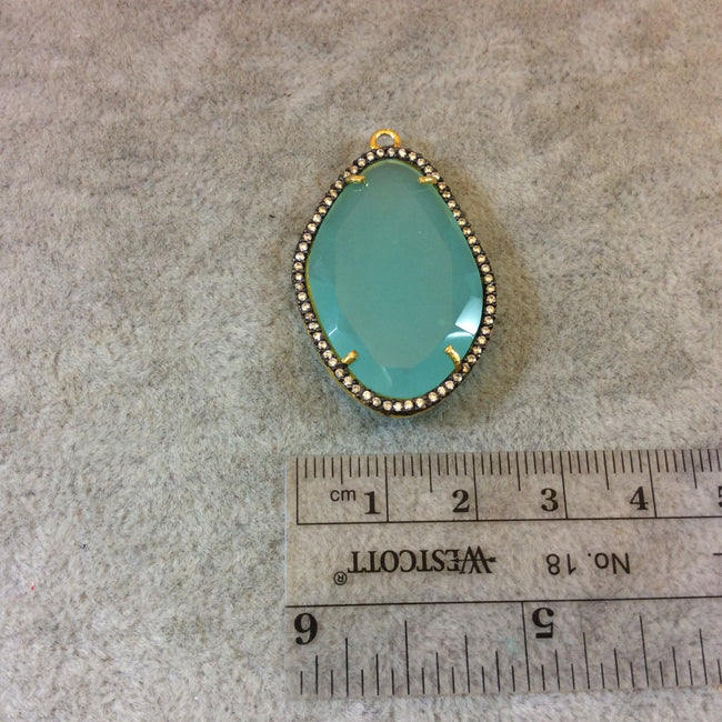 Gold Finish CZ Cubic Zirconia Rimmed Faceted Hydro (Lab Created) Aqua Chalcedony Freeform Oval Shaped Bezel Pendant - Measures 24mm x 34mm