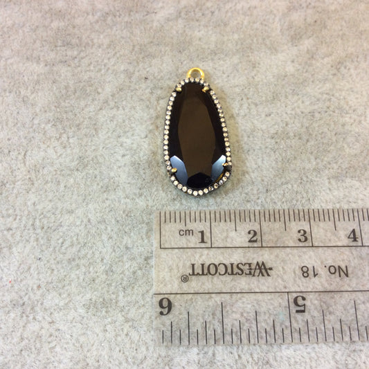 Gold Finish CZ Cubic Zirconia Rimmed Faceted Natural Black Onyx Long Oval Shaped Bezel Pendant - Measures 13 x 21mm - Sold Individually