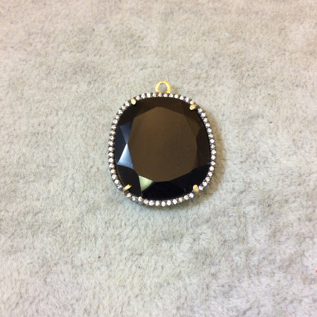 Gold Finish CZ Cubic Zirconia Rimmed Faceted Natural Black Onyx Wide Oval Shaped Bezel Pendant - Measures 22.5mm x 24mm