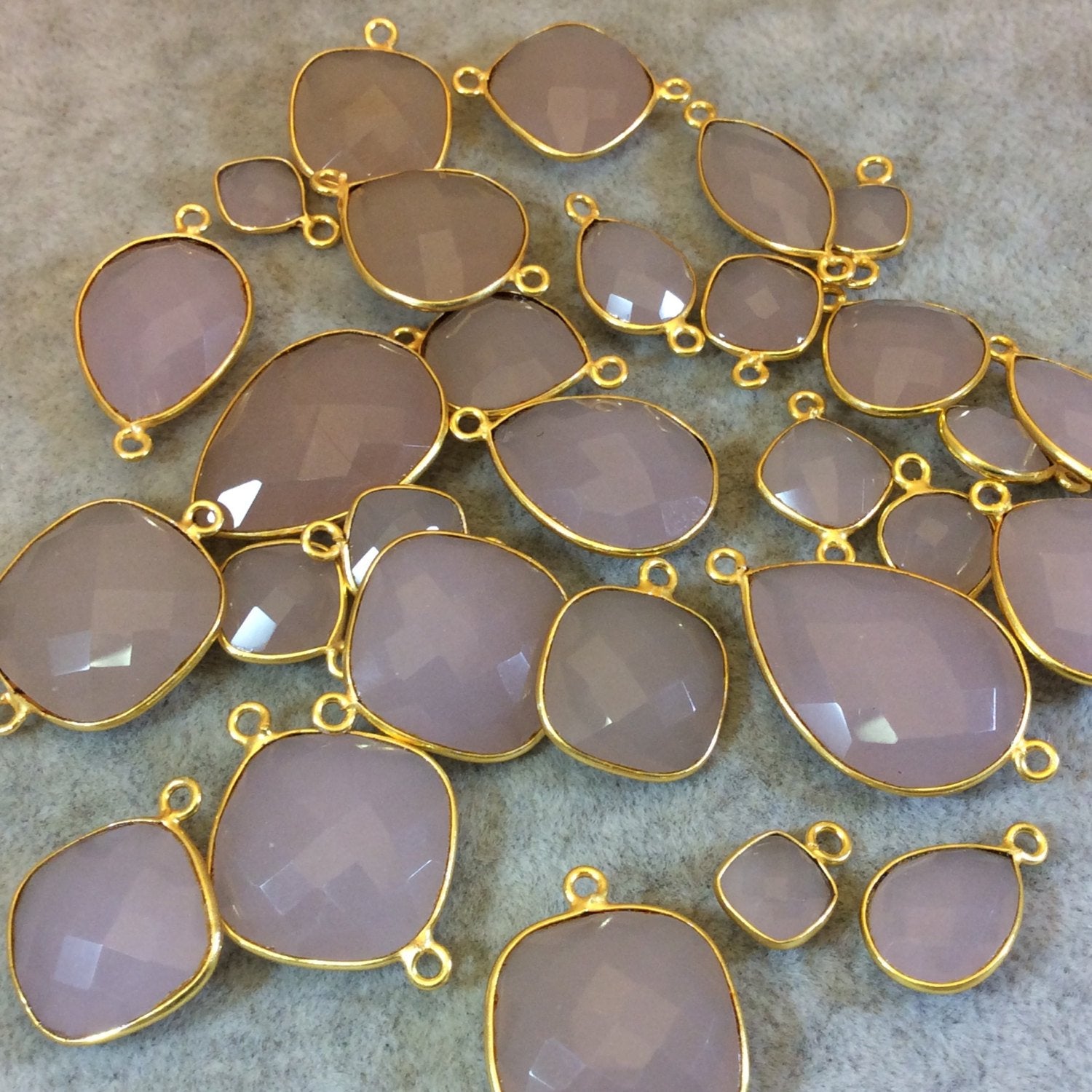 Gold Plated Faceted Nude Hydro (Lab Created) Chalcedony Diamond Shaped Bezel Connector - Measuring 15mm x 15mm - Sold Individually