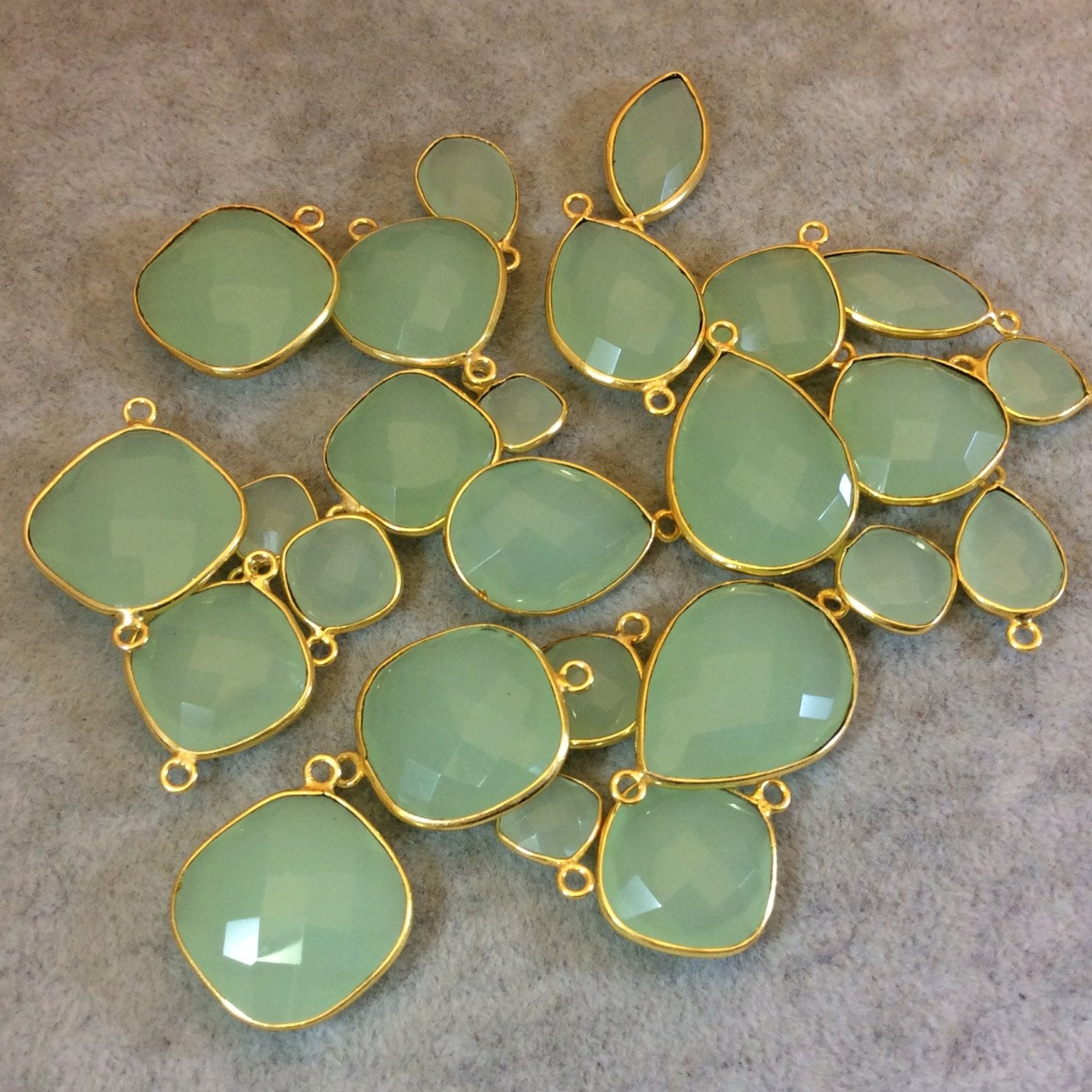 Gold Plated Faceted Pale Mint Hydro (Lab Created) Chalcedony Pear/Teardrop Shape Bezel Connector - Measuring 18mm x 24mm - Sold Individually