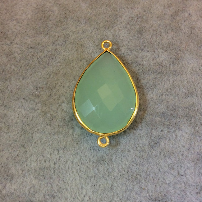 Gold Plated Faceted Pale Mint Hydro (Lab Created) Chalcedony Pear/Teardrop Shape Bezel Connector - Measuring 18mm x 24mm - Sold Individually