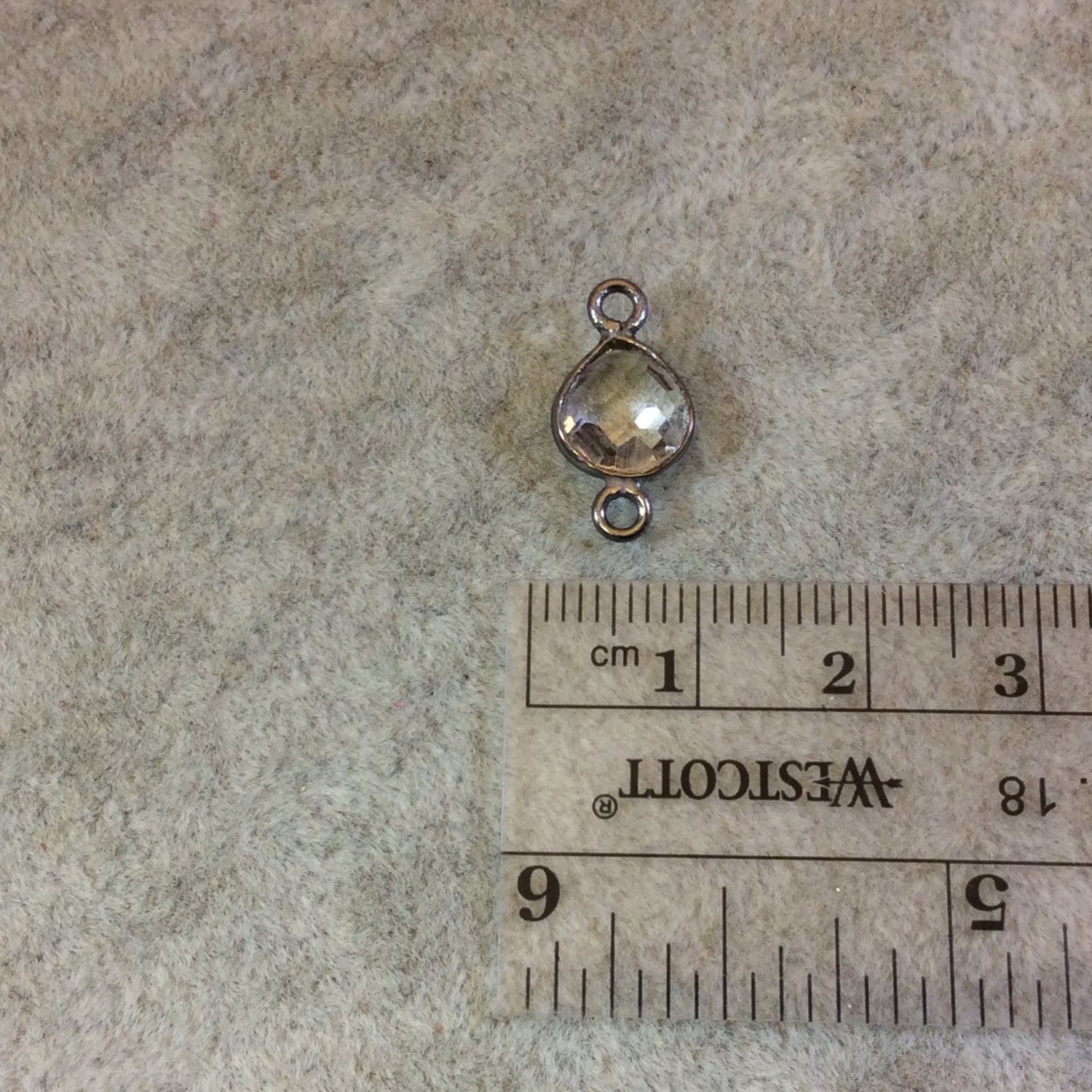 Gunmetal Plated Faceted Clear Hydro (Lab Created) Quartz Heart/Teardrop Shaped Bezel Connector - Measuring 8mm x 8mm - Sold Individually