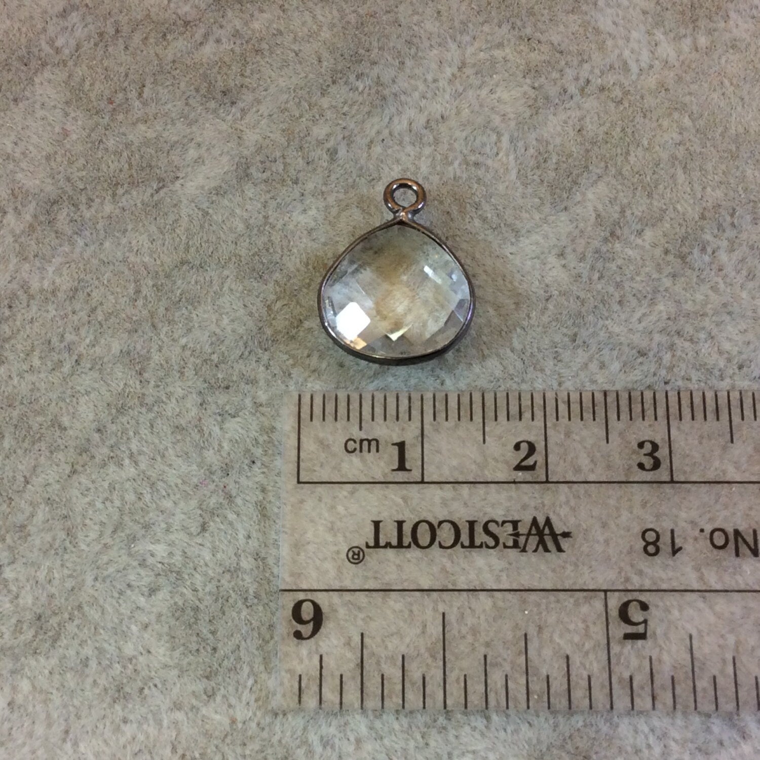 Gunmetal Plated Faceted Clear Hydro (Lab Created) Quartz Heart/Teardrop Shaped Bezel Pendant - Measuring 12mm x 12mm - Sold Individually