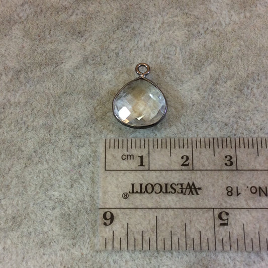 Gunmetal Plated Faceted Clear Hydro (Lab Created) Quartz Heart/Teardrop Shaped Bezel Pendant - Measuring 12mm x 12mm - Sold Individually