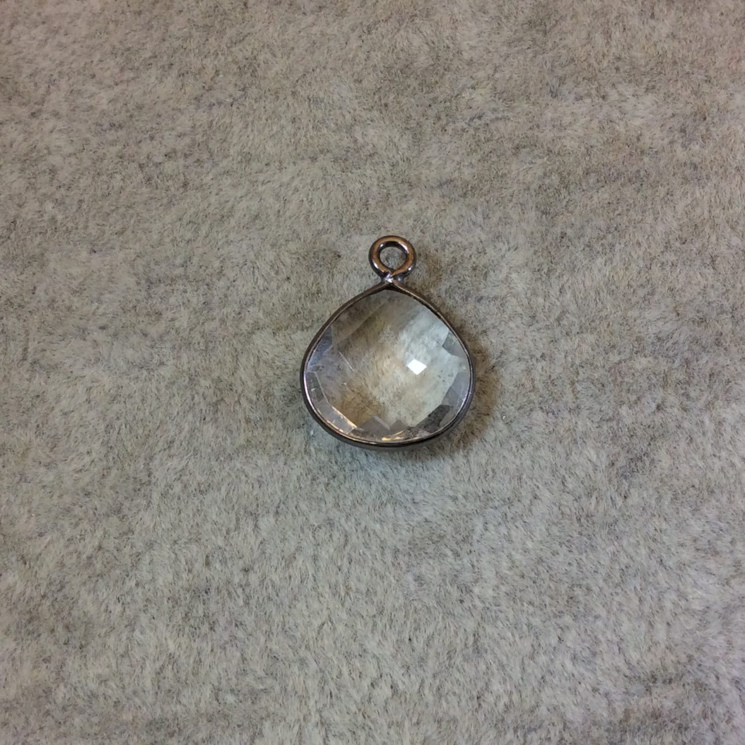 Gunmetal Plated Faceted Clear Hydro (Lab Created) Quartz Heart/Teardrop Shaped Bezel Pendant - Measuring 12mm x 12mm - Sold Individually