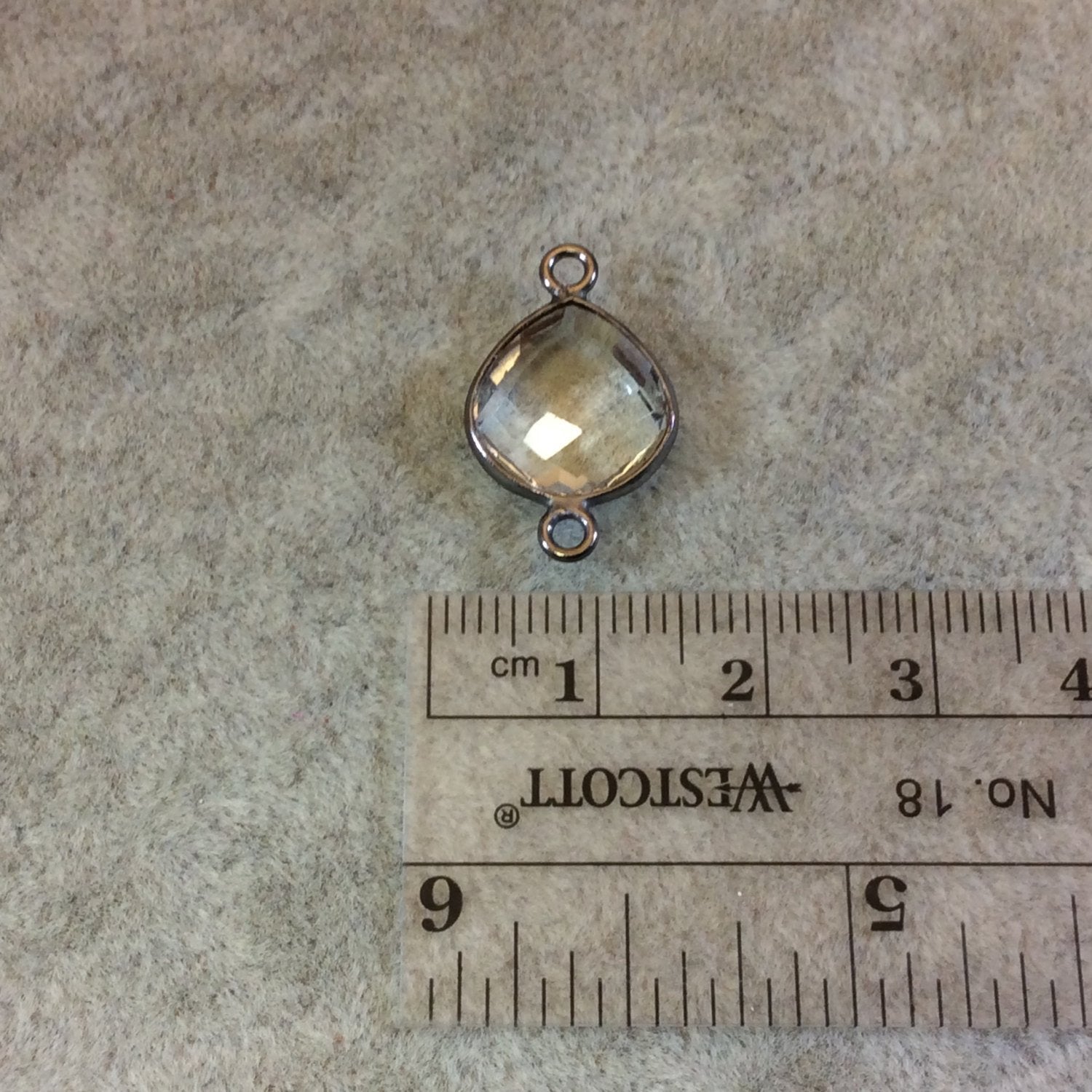 Gunmetal Plated Faceted Clear Hydro (Lab Created) Quartz Heart/Teardrop Shaped Bezel Connector - Measuring 12mm x 12mm - Sold Individually
