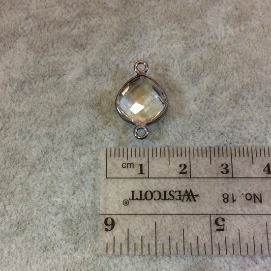Gunmetal Plated Faceted Clear Hydro (Lab Created) Quartz Heart/Teardrop Shaped Bezel Connector - Measuring 12mm x 12mm - Sold Individually