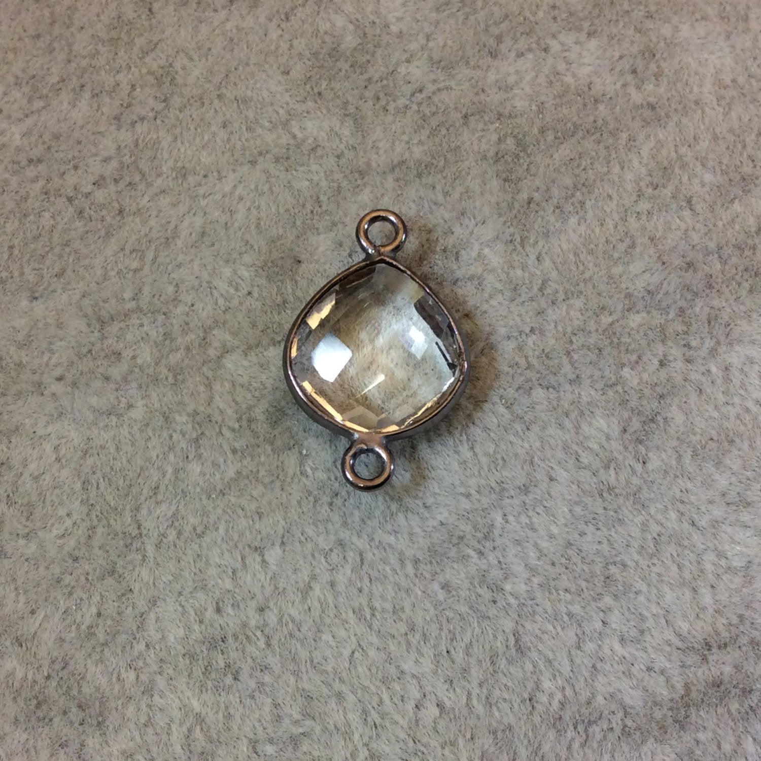 Gunmetal Plated Faceted Clear Hydro (Lab Created) Quartz Heart/Teardrop Shaped Bezel Connector - Measuring 12mm x 12mm - Sold Individually