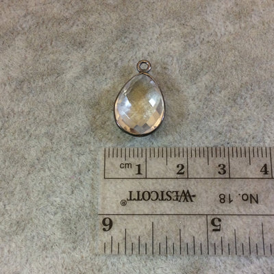 Gunmetal Plated Faceted Clear Hydro (Lab Created) Quartz Pear/Teardrop Shaped Bezel Pendant - Measuring 12mm x 16mm - Sold Individually