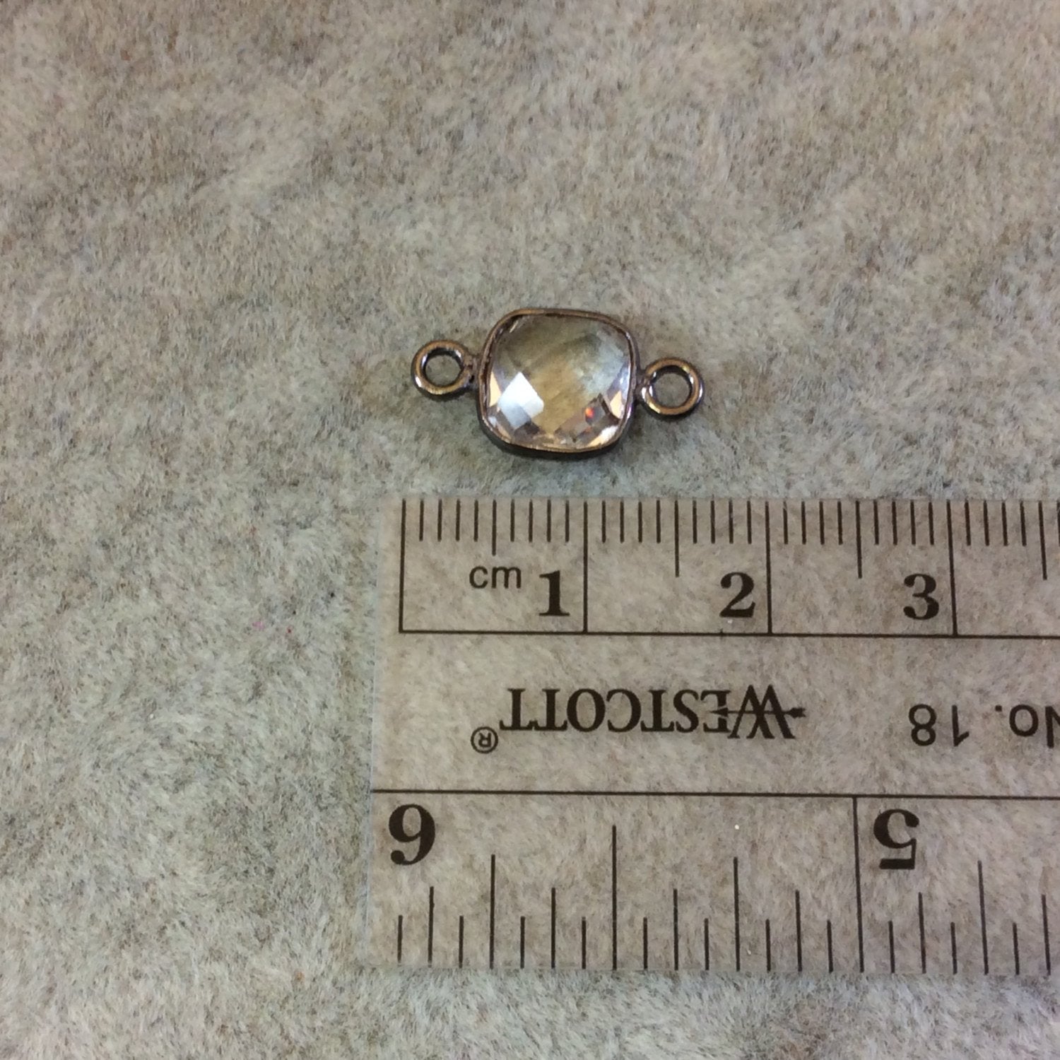 Gunmetal Plated Faceted Clear Hydro (Lab Created) Quartz Square Shaped Bezel Connector - Measuring 8mm x 8mm - Sold Individually