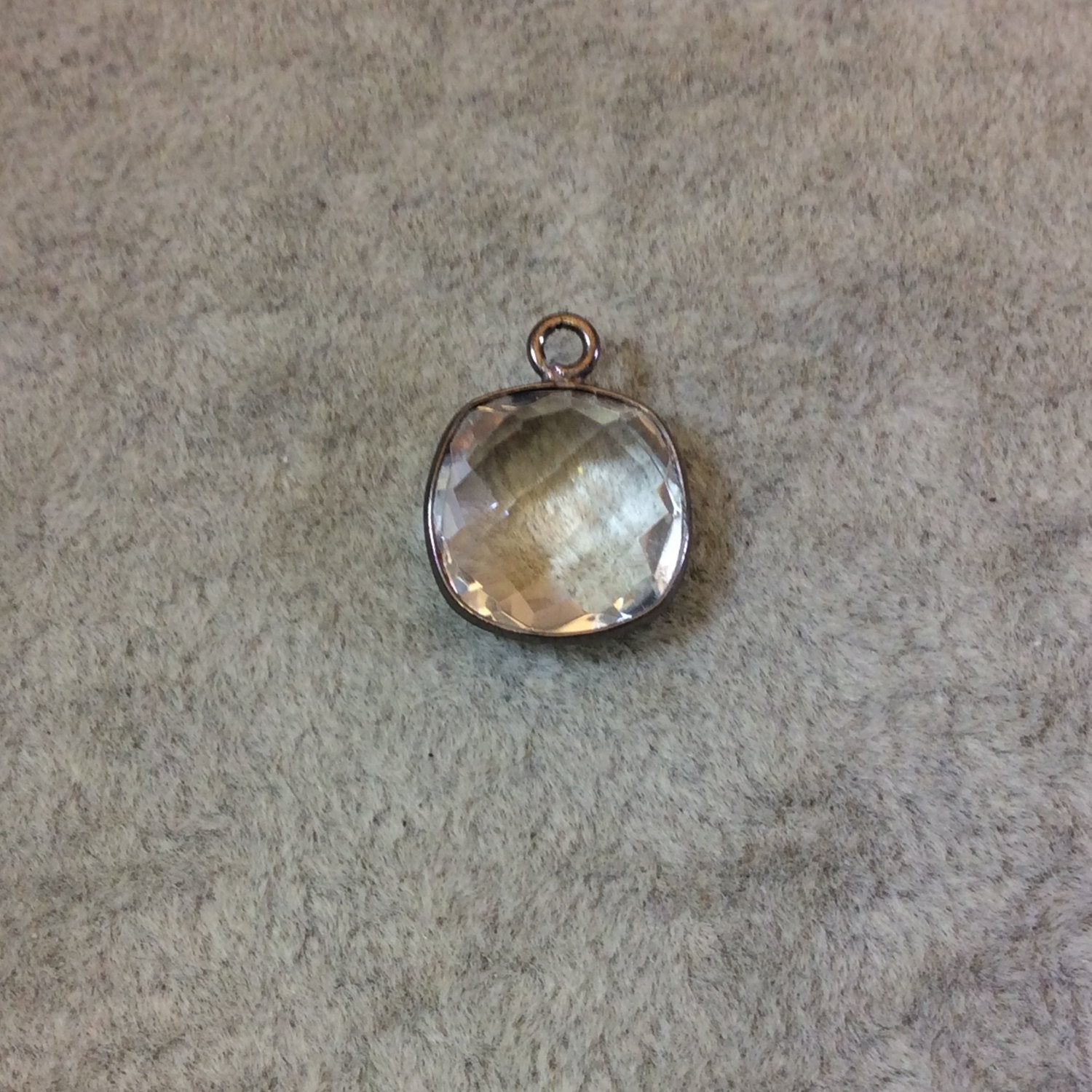Gunmetal Plated Faceted Clear Hydro (Lab Created) Quartz Square Shaped Bezel Pendant - Measuring 12mm x 12mm - Sold Individually