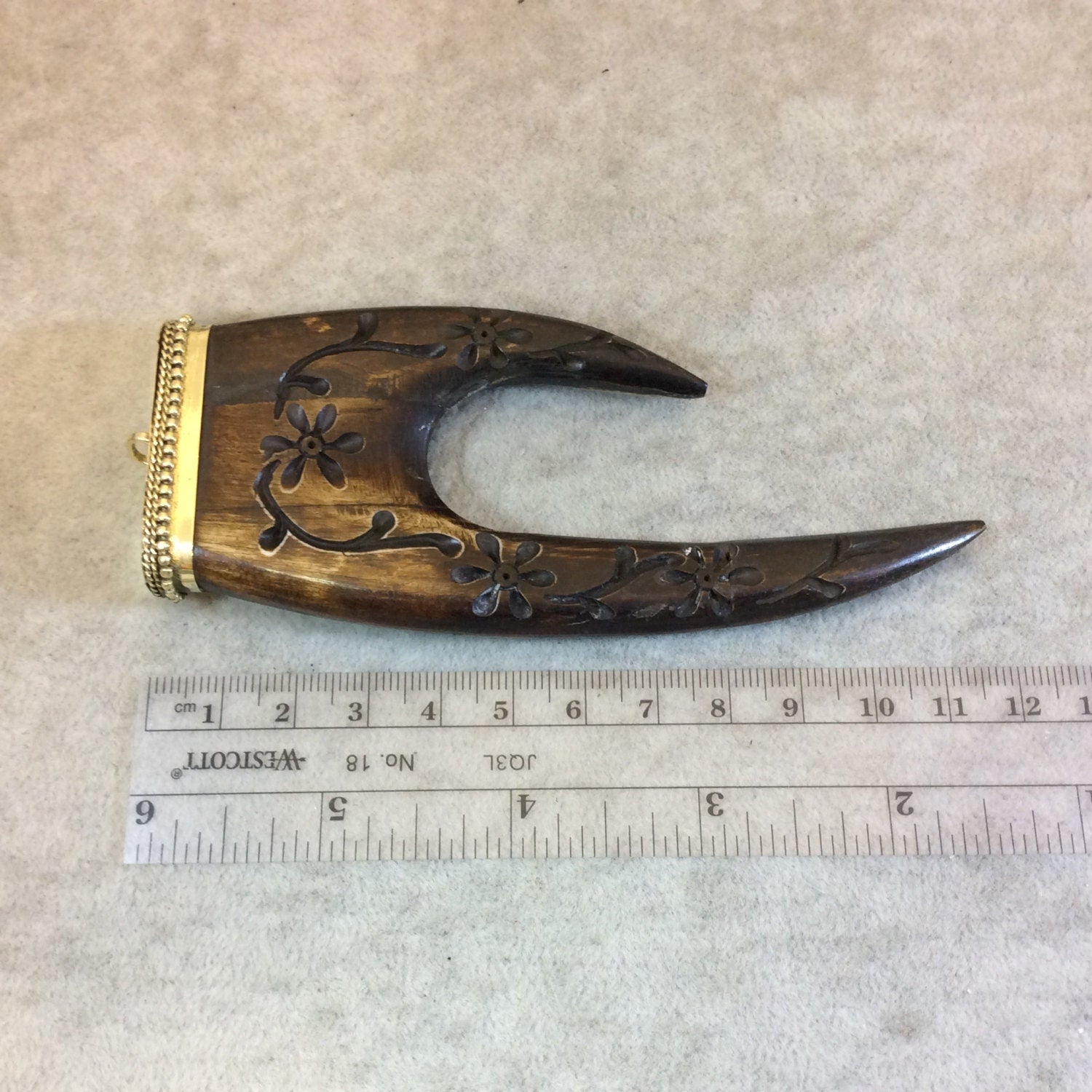SALE - 4.5" Long Medium Brown Vine Carved Ox Bone Dual Point Claw Shaped Pendant with Dotted Gold Cap - Measuring 48mm x 120mm