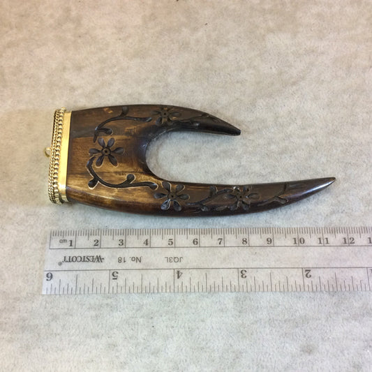 SALE - 4.5" Long Medium Brown Vine Carved Ox Bone Dual Point Claw Shaped Pendant with Dotted Gold Cap - Measuring 48mm x 120mm
