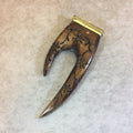 SALE - 4.5" Long Medium Brown Vine Carved Ox Bone Dual Point Claw Shaped Pendant with Dotted Gold Cap - Measuring 48mm x 120mm