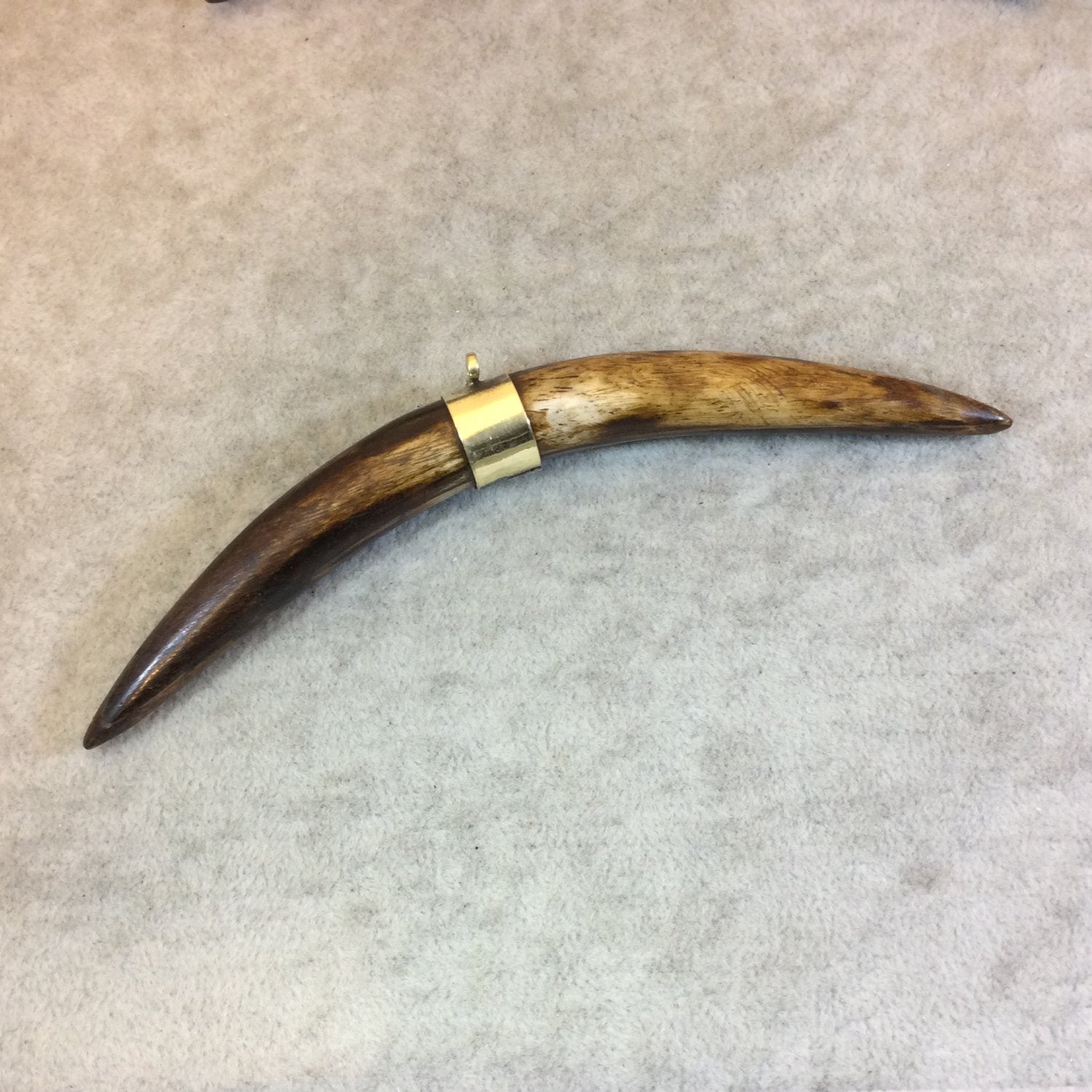 5" Medium Brown Long Skinny Banana Tusk Shaped Natural Ox Bone Pendant with Gold Plated Bail - Measuring 12 x 133mm - (TR117-MB)