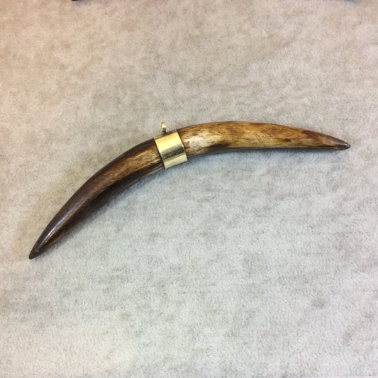 5" Medium Brown Long Skinny Banana Tusk Shaped Natural Ox Bone Pendant with Gold Plated Bail - Measuring 12 x 133mm - (TR117-MB)