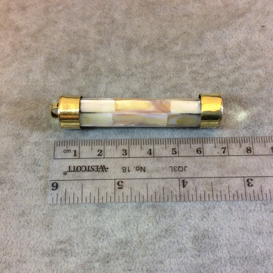 2.5" White/Ivory Cylinder Shaped Natural Iridescent Abalone Shell Pendant with Plain Gold Plated Cap - Measuring 12mm x 62mm - (TR25WHCYAB)