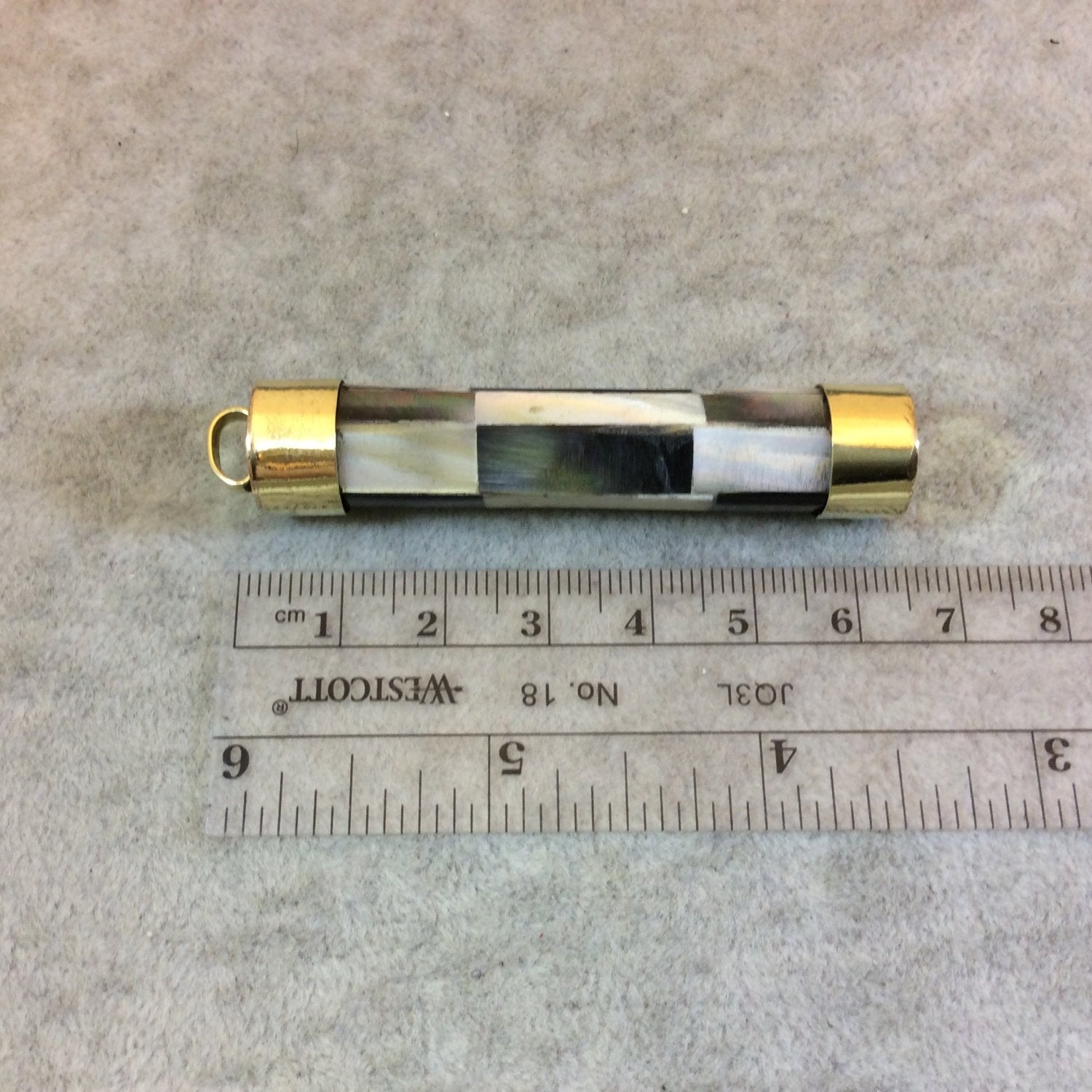2.5" Checkerboard Cylinder Shaped Natural Iridescent Abalone Shell Pendant with Plain Gold Plated Cap - Measuring 12mm x 62mm - (TR25CBCYAB)