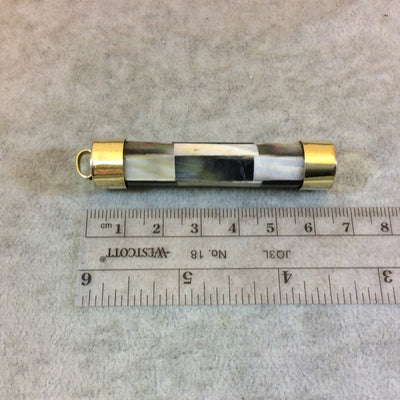 2.5" Checkerboard Cylinder Shaped Natural Iridescent Abalone Shell Pendant with Plain Gold Plated Cap - Measuring 12mm x 62mm - (TR25CBCYAB)