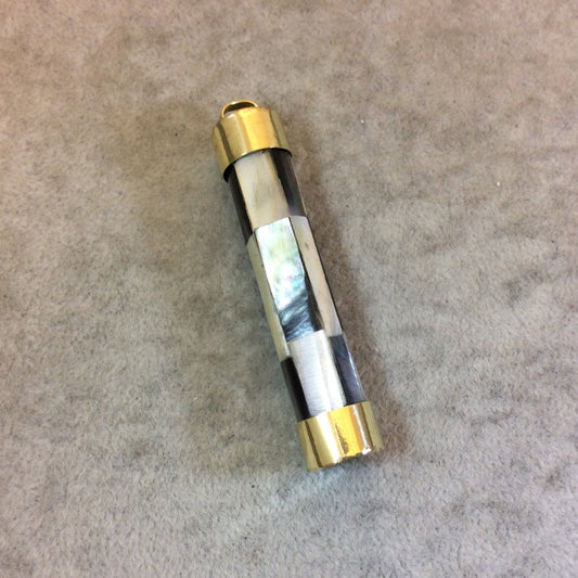 2.5" Checkerboard Cylinder Shaped Natural Iridescent Abalone Shell Pendant with Plain Gold Plated Cap - Measuring 12mm x 62mm - (TR25CBCYAB)