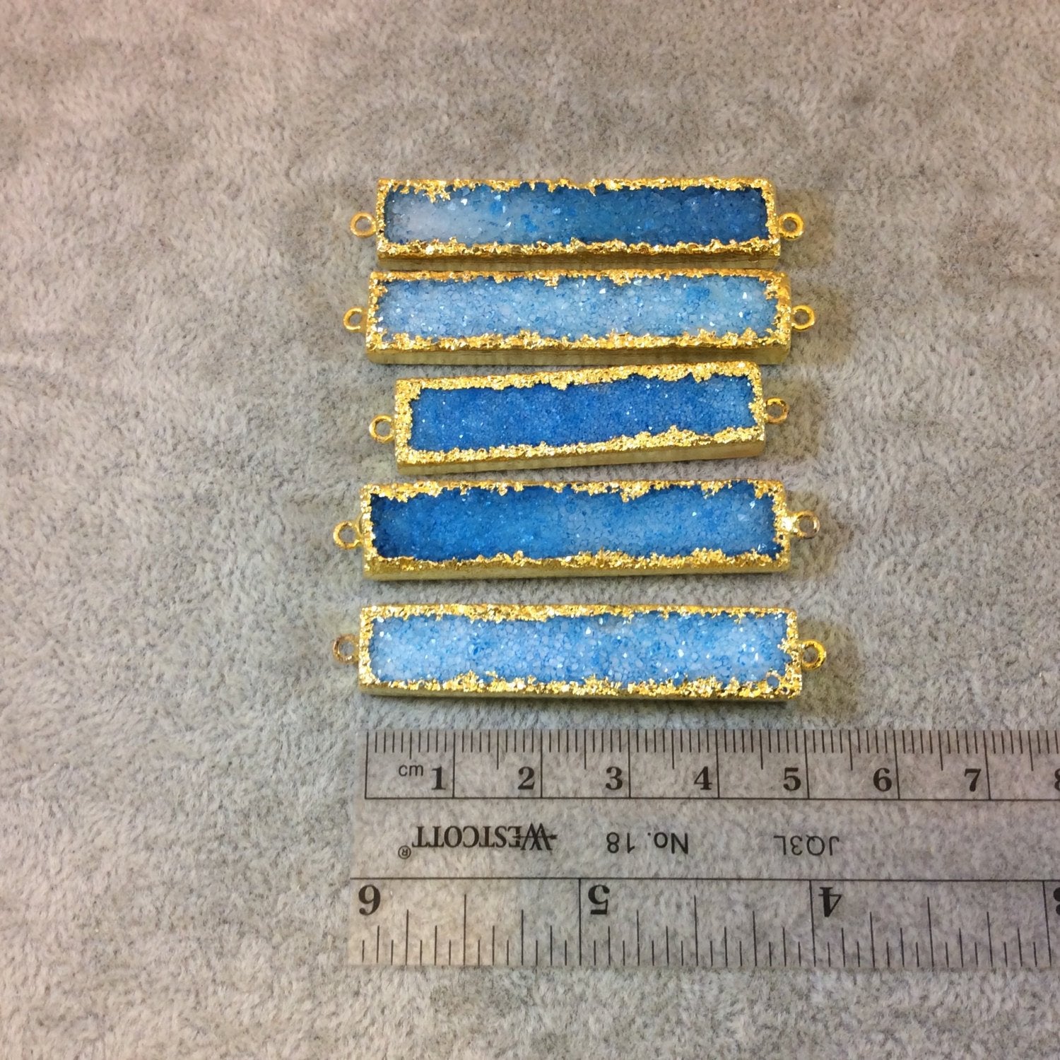 Premium Gold Plated Bar/Rectangle Shaped Blue Druzy Connector - Measuring 50-55mm x 10mm, Approx. - Sold Individually, Chosen Random