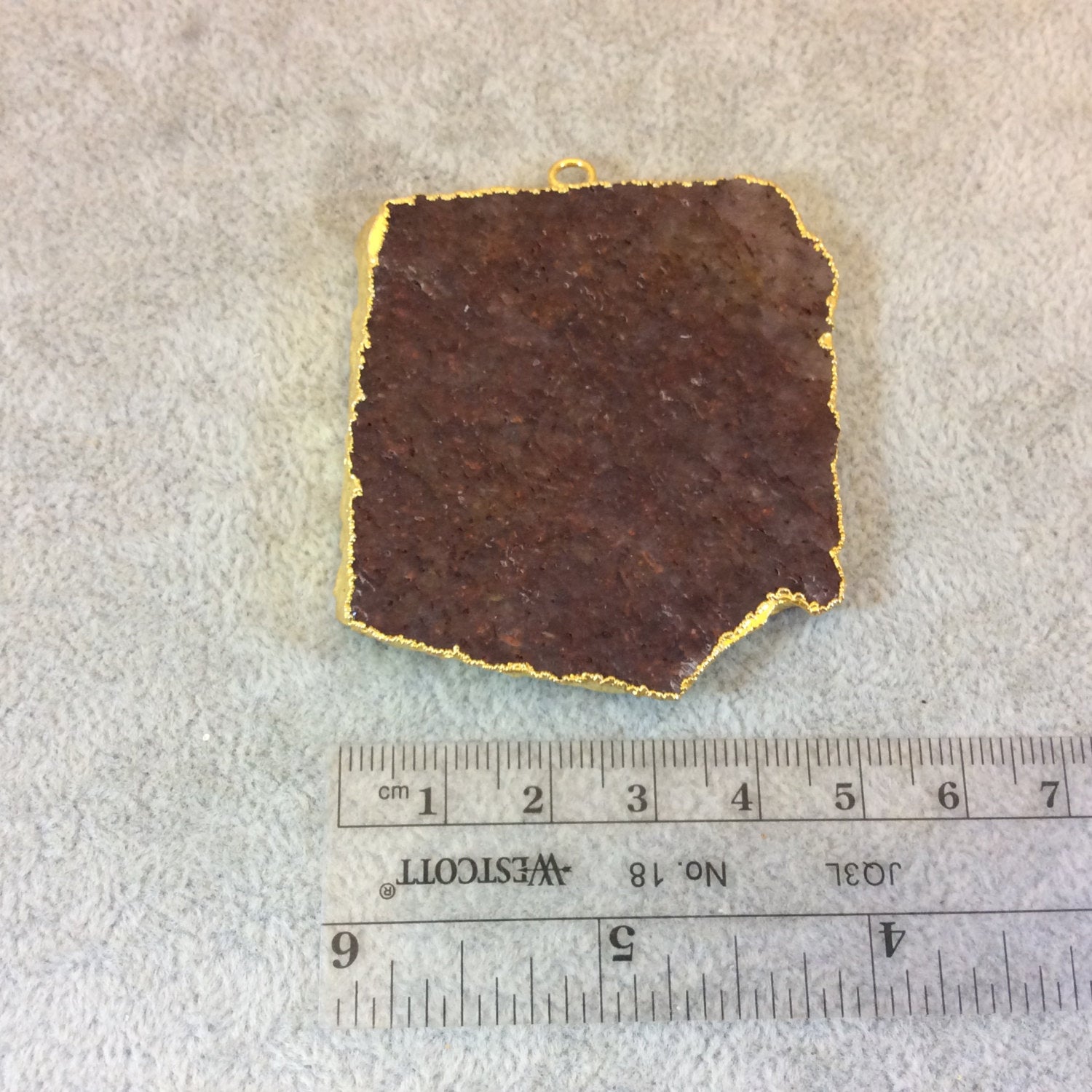 OOAK Gold Electroplated Rough/Matte Red Aventurine Freeform Shaped Slice Focal Pendant - Measuring 50mm x 55mm, Approx. - Mineral Oil