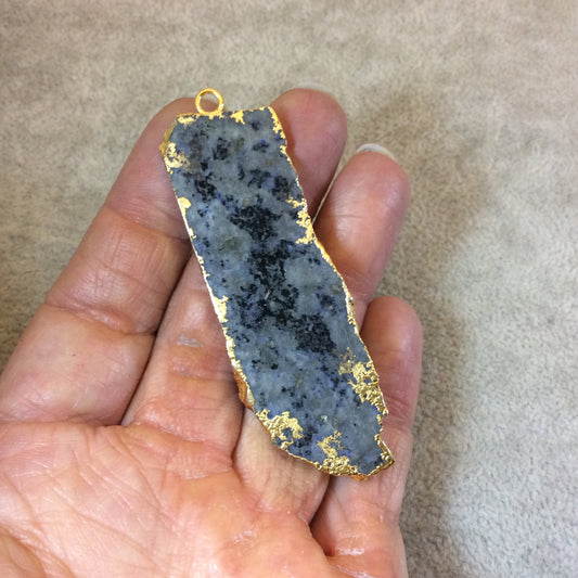OOAK Gold Electroplated Rough/Matte Raw Lapis Lazuli Freeform Shaped Slice Pendant - Measuring 24mm x 68mm, Approx. - Mineral Oil