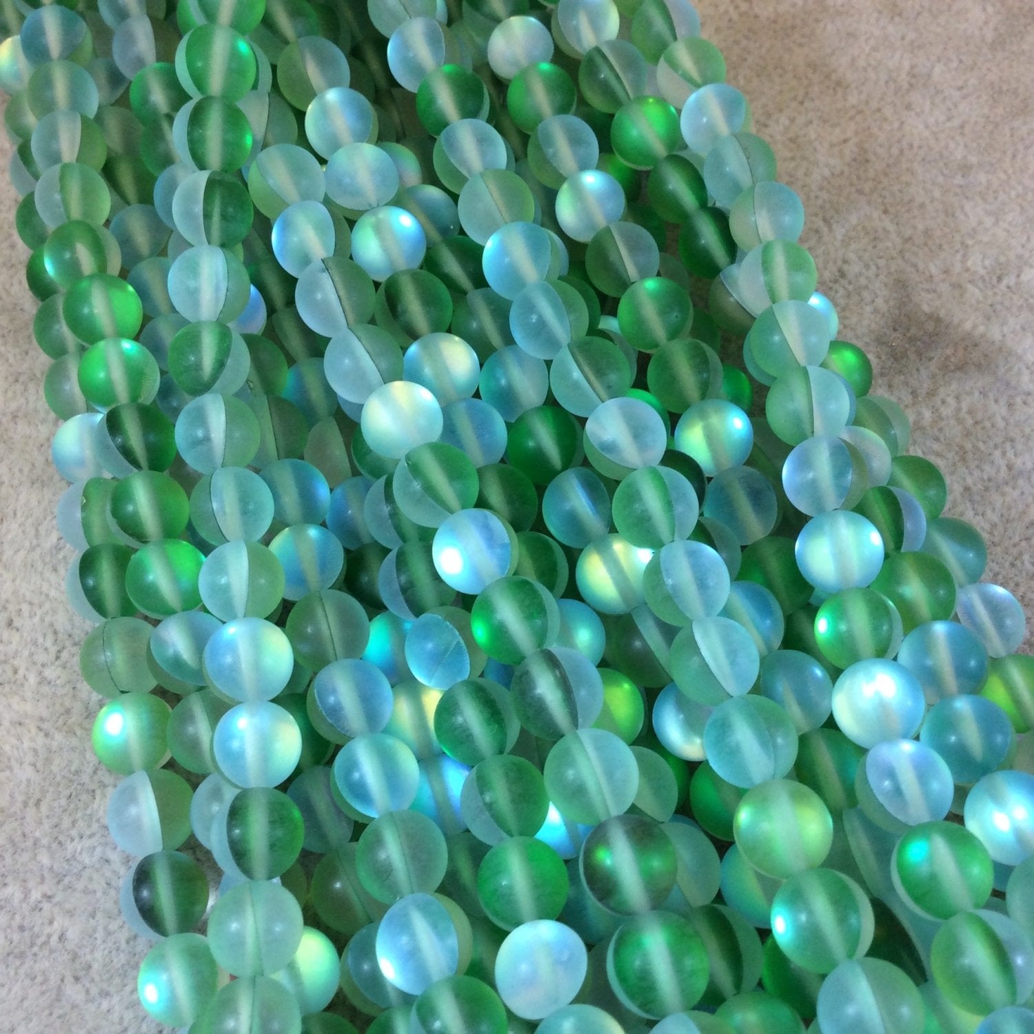 8mm Matte Frosted Bright Green Moonlight Glass Crystal Round/Ball Shaped Beads - 15.25" Strand (Approx. 49 Beads) - Synthetic Moonstone