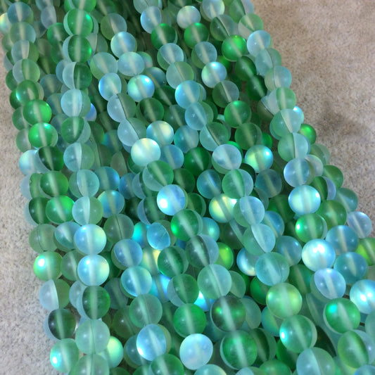 8mm Matte Frosted Bright Green Moonlight Glass Crystal Round/Ball Shaped Beads - 15.25" Strand (Approx. 49 Beads) - Synthetic Moonstone