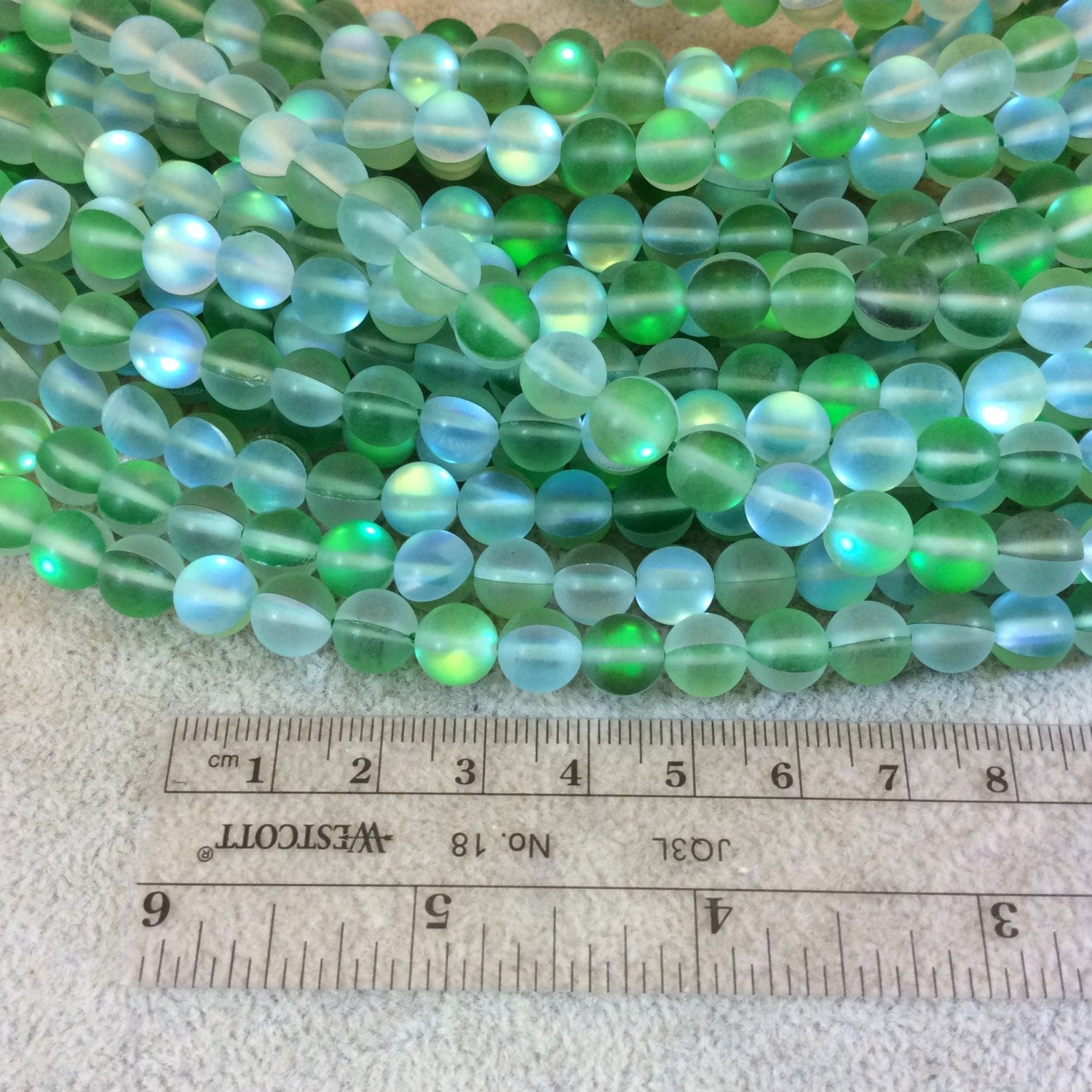8mm Matte Frosted Bright Green Moonlight Glass Crystal Round/Ball Shaped Beads - 15.25" Strand (Approx. 49 Beads) - Synthetic Moonstone