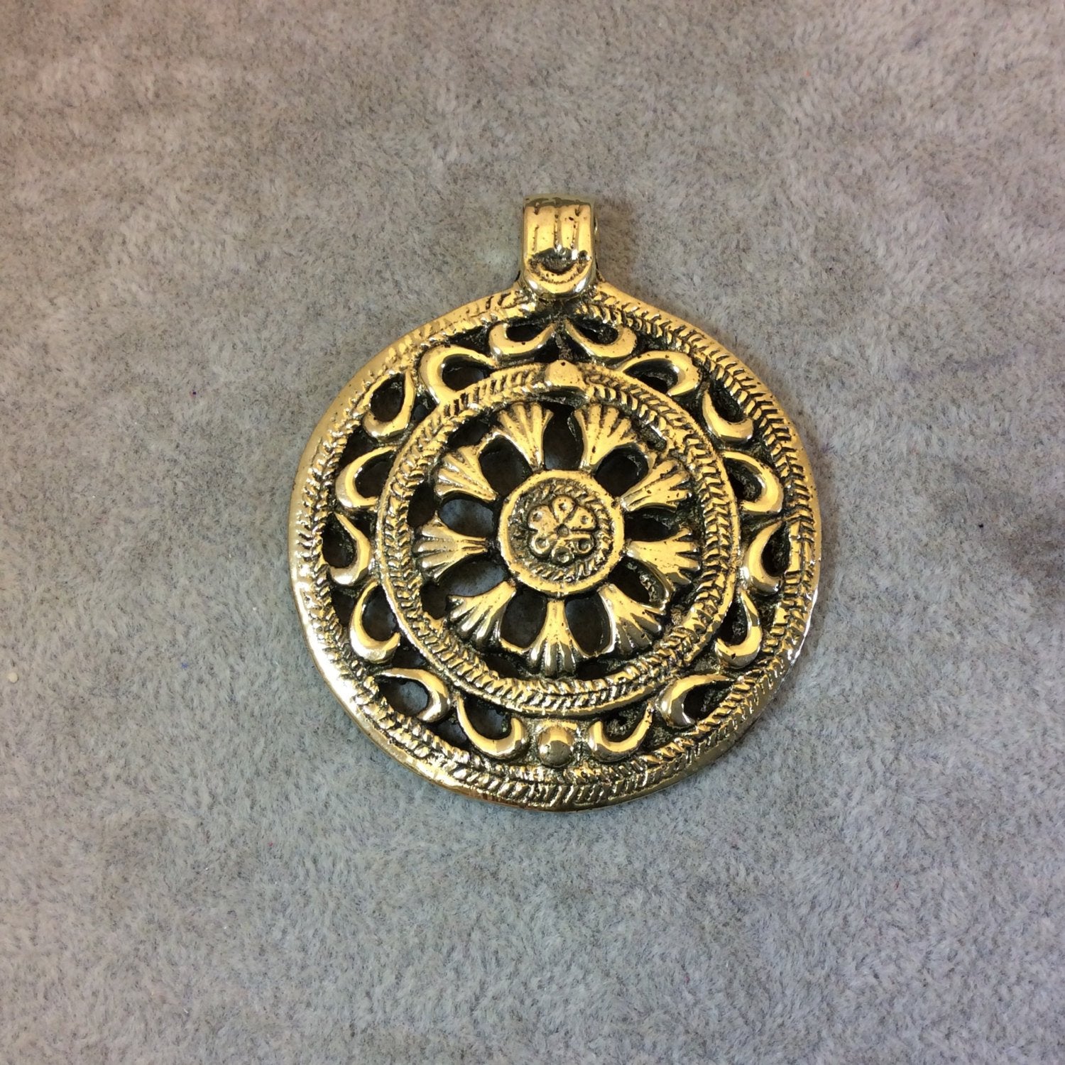 Oxidized Gold Plated Patterned/Textured Large Circle/Medallion Shaped Focal Pendant - Measuring 54mm x 54mm, Approx. - Sold Individually