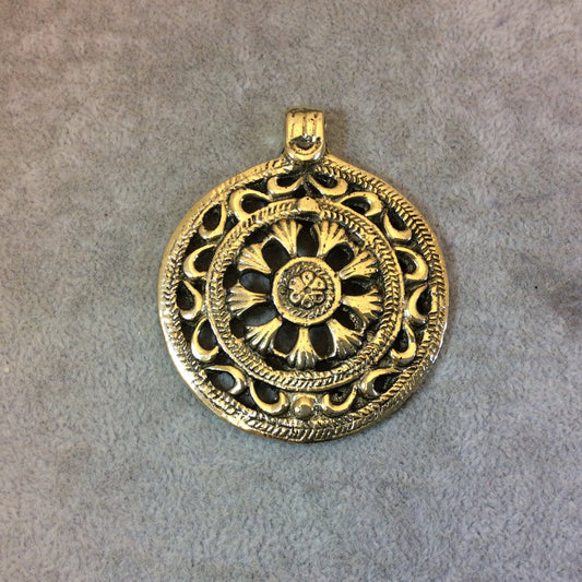 Oxidized Gold Plated Patterned/Textured Large Circle/Medallion Shaped Focal Pendant - Measuring 54mm x 54mm, Approx. - Sold Individually