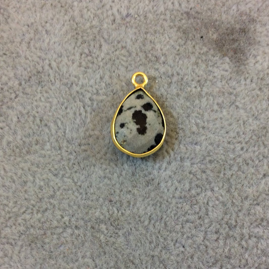 Gold Plated Natural Dalmatian Jasper Faceted Pear/Teardrop Shaped Copper Bezel Pendant - Measures 10mm x 15mm - Sold Individually, Random