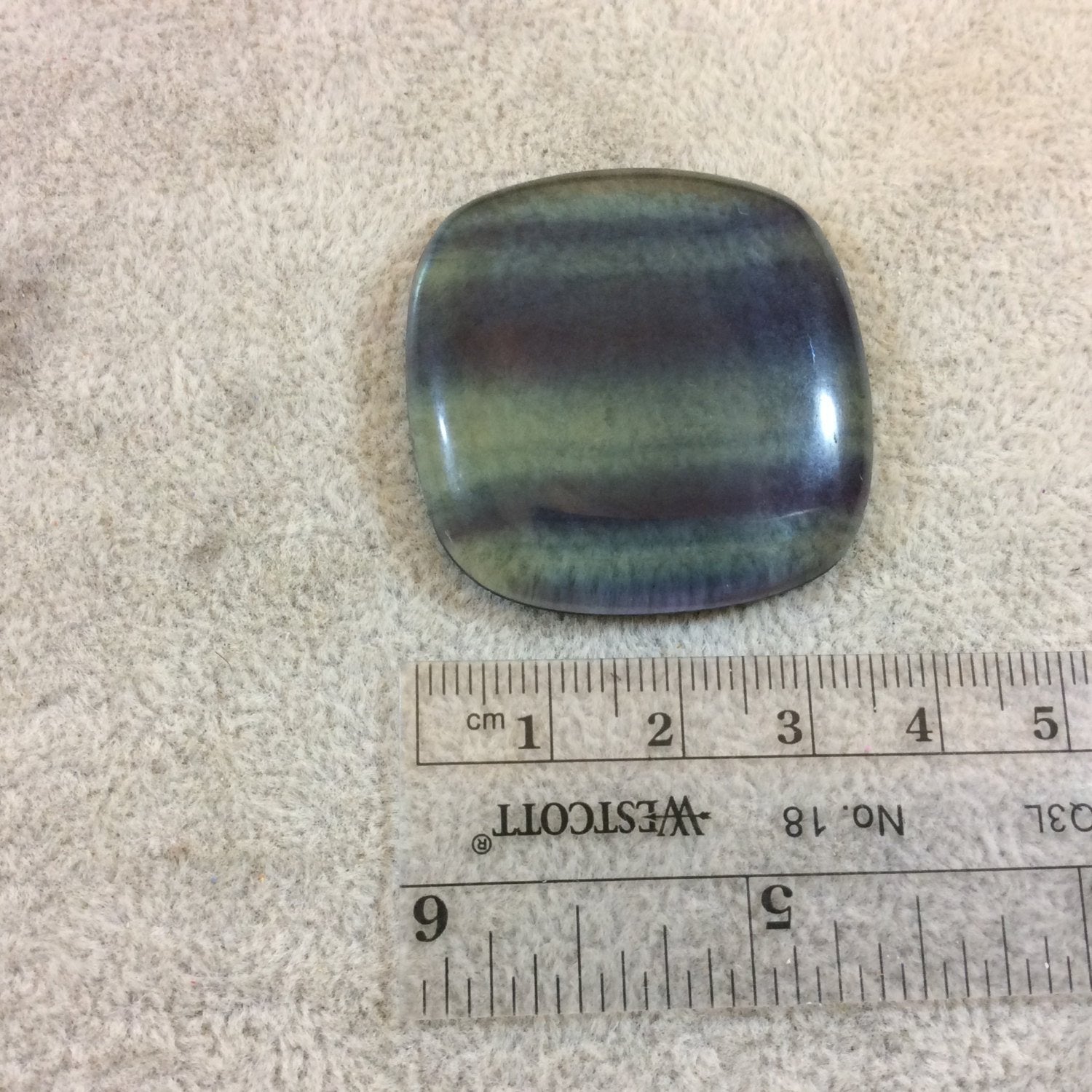 OOAK Semi-Gloss Natural Rainbow Fluorite Rounded Square Shape Flat Back Cabochon - Measuring 37mm x 37mm, 6mm Dome Height - High Quality Cab