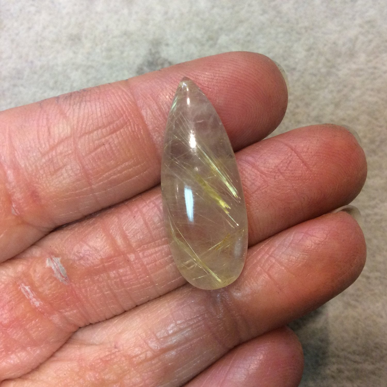 OOAK Natural Golden Rutilated Quartz Pear/Teardrop Shaped Flat Back Cabochon - Measuring 12mm x 31mm, 7mm Dome Height - Quality Gemstone Cab