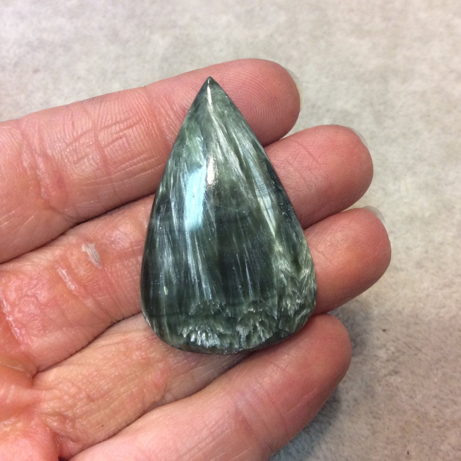 OOAK Natural Green Seraphinite Pear/Teardrop Shaped Flat Back Cabochon - Measuring 30mm x 45mm, 6mm Dome Height - High Quality Gemstone Cab