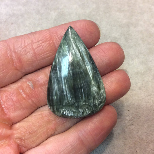 OOAK Natural Green Seraphinite Pear/Teardrop Shaped Flat Back Cabochon - Measuring 30mm x 45mm, 6mm Dome Height - High Quality Gemstone Cab