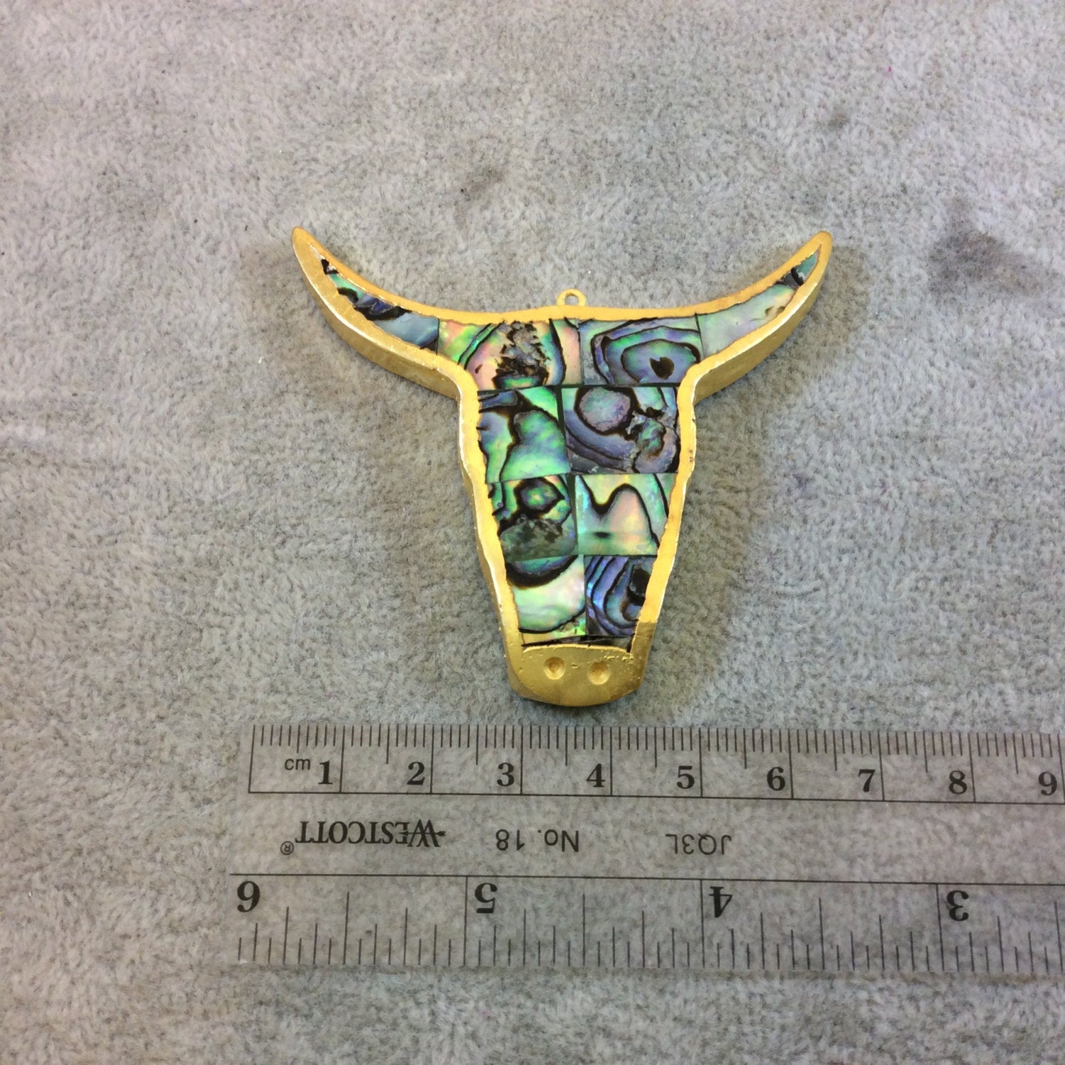 Flat Gold Electroplated Natural Rainbow Abalone Steer Skull Shaped Focal Pendant - Measuring 70mm x 63mm, Approximately - Sold Individually