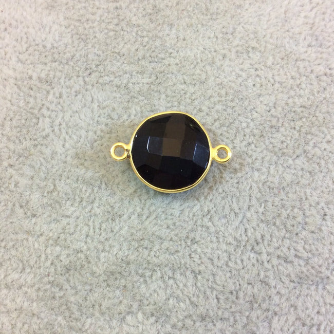 Gold Plated Faceted Hydro (Lab Created) Jet Black Onyx Round/Coin Shaped Bezel Connector - Measuring 15mm x 15mm - Sold Individually