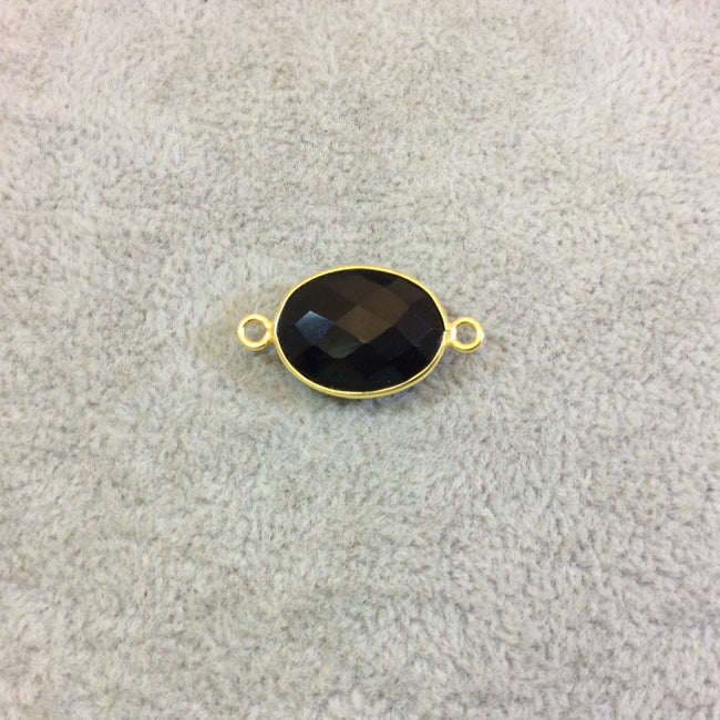 Gold Plated Faceted Hydro (Lab Created) Jet Black Onyx Oblong Oval Shaped Bezel Connector - Measuring 12mm x 16mm - Sold Individually