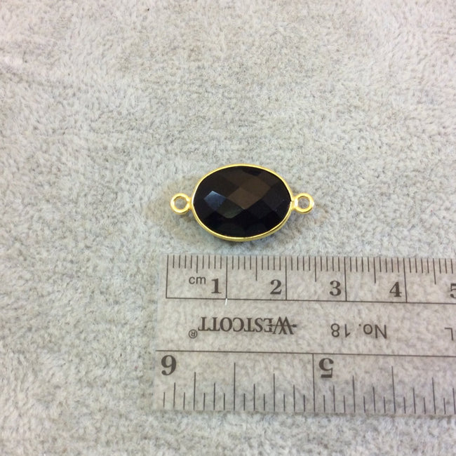 Gold Plated Faceted Hydro (Lab Created) Jet Black Onyx Oblong Oval Shaped Bezel Connector - Measuring 12mm x 16mm - Sold Individually