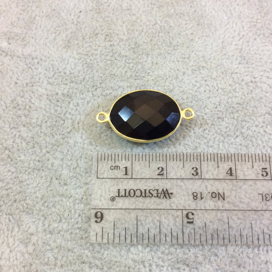 Gold Plated Faceted Hydro (Lab Created) Jet Black Onyx Oblong Oval Shaped Bezel Connector - Measuring 15mm x 20mm - Sold Individually