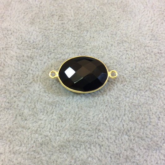 Gold Plated Faceted Hydro (Lab Created) Jet Black Onyx Oblong Oval Shaped Bezel Connector - Measuring 15mm x 20mm - Sold Individually