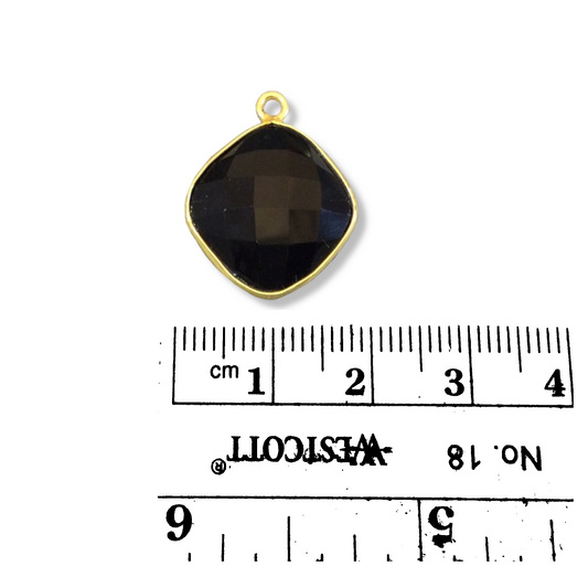 Gold Plated Faceted Hydro (Lab Created) Jet Black Onyx Diamond Shaped Bezel Pendant - Measuring 15mm x 15mm - Sold Individually